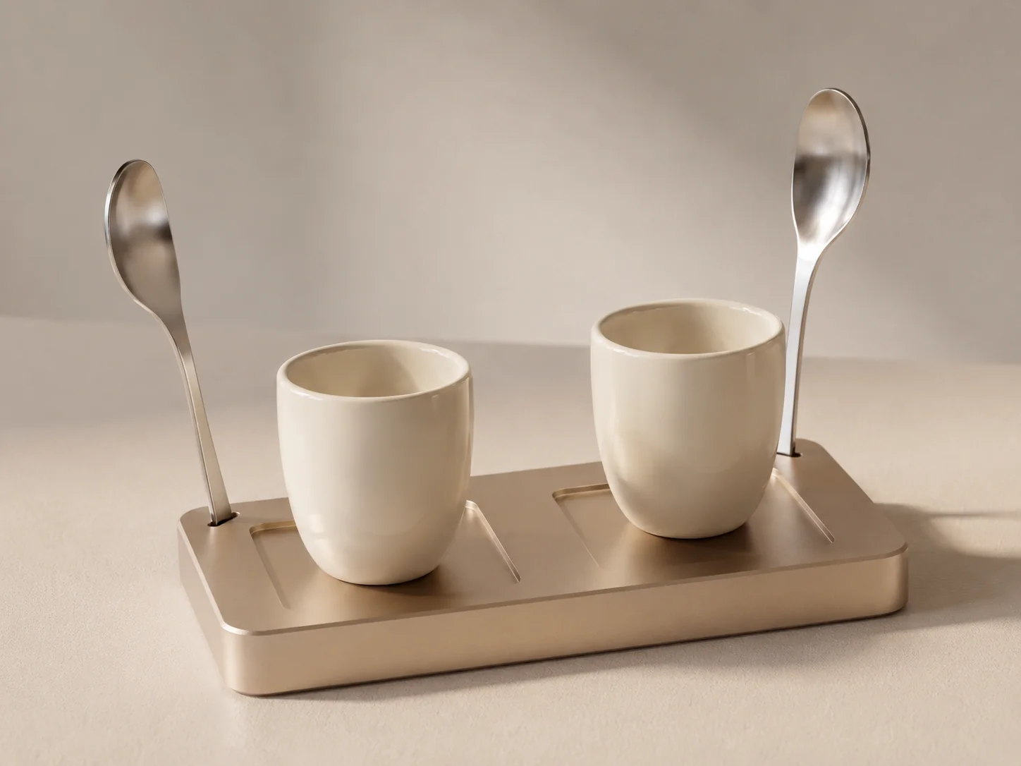 Three-quarter view of the NOÉ Duo Saucer with two cream cups and two steel spoons