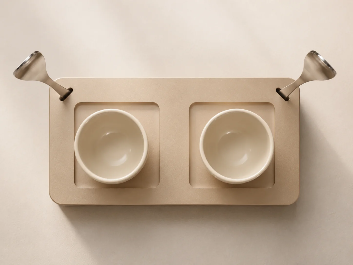 Top-down view of the NOÉ Duo Saucer with two cups and two docked spoons
