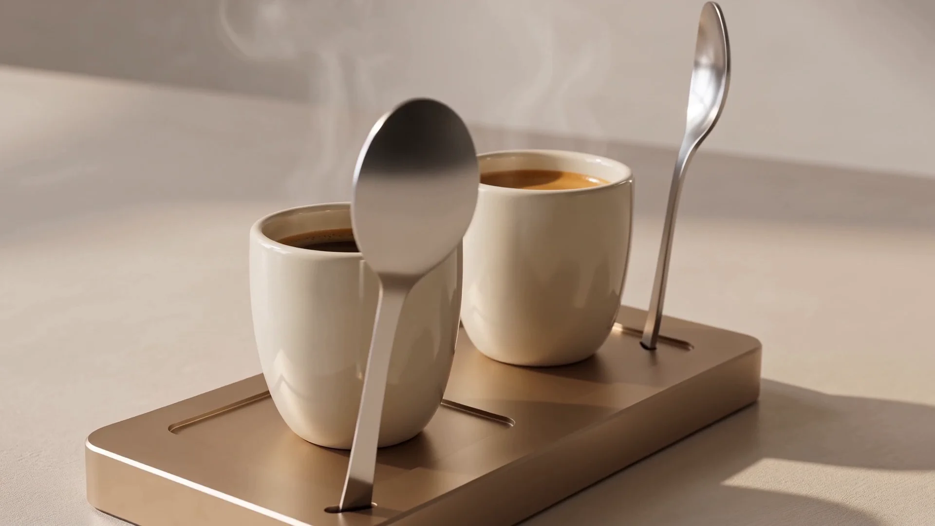 The NOÉ ritual — cup, spoon and saucer in warm side light