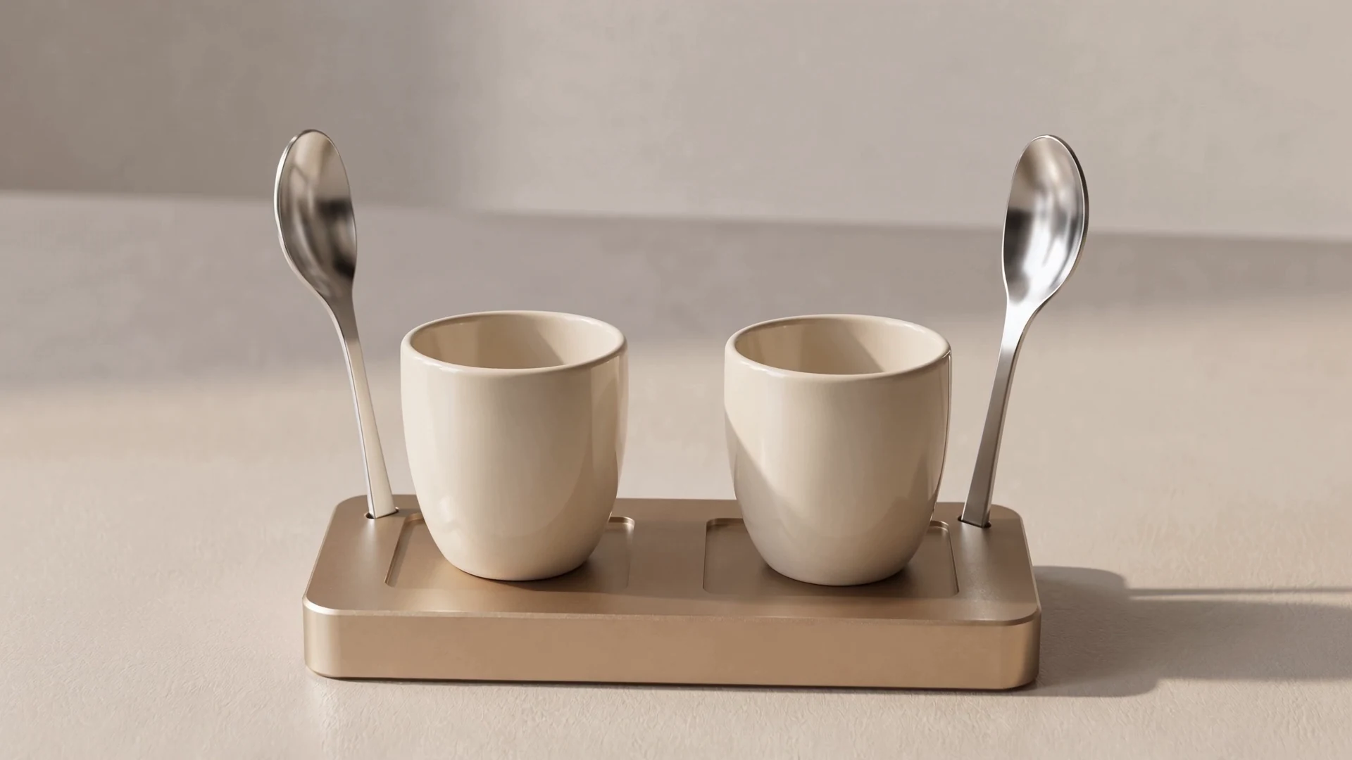 Two NOÉ espresso saucers with cream cups and steel spoons in warm light